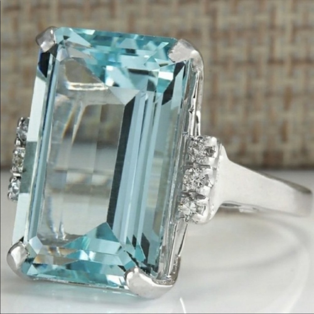 NEW RING AQUAMARINE DIAMOND RING 925 STERLING SILVER RING - Picture 5 of 6